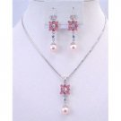 NS639 Bridemaids Jewelry Set Pink Pearls Rhinestone Wedding Necklace Set Flower Necklace Set