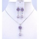 NS638 Purple Amethyst Wedding Jewelry Set Purple Enamel Flower Necklace Set w/ Pearls Dangling