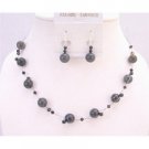 NS635 Jet Crystals Jewelry Swarovski Necklace Set w/Agate Glass Beads Floating Necklace Set