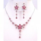 NS465  Fashion Crystals Jewelry Pink Crystals Dangling Necklace Earrings Set
