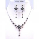 NS309  Elegant Beautiful Vintage Necklace Set Jet Crystals & Silver Plated Necklace & Earrings