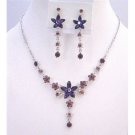 NS308  Amethyst Crystals Light & Dark Necklace Set Flower Design Jewelry Set