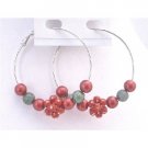 UER340 Hoop Earrings Christmas Earrings Fancy Beads Red Green Beads Flower Beads w/Diamante