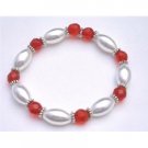 UBR155   White Oval Pearls With Lite Red Glass Ball 10mm Prom Jewelry Stretchable Bracelet