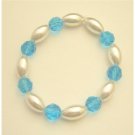 UBR154   Party Jewelry Ivory Oval Pearls w/Aquamarine Round Bead 10mm Stretchable Bracelet