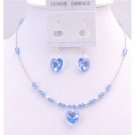 NSC709 Sleek Heart Jewelry In Lite Sapphire Crystals Heart Pendant and Heart Dangling Earrings Set