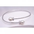 TB760 Cuff Silver Bracelet w/Swarovski White Pearls & Spacer Silver Rondells Like Diamond
