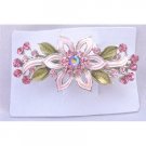 HA490 Pink Flower Enamel w/ Green Leavs Fully Decorated w/ Pink Crystals Formal Hair Clip