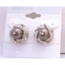 ERC511  Swarovski Brown Pearls Stud Earrings w/ Surrounded Cubic Zircon Pierced Earrings