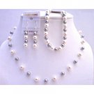 BRD812  Silver Grey Pearls & White Pearls Necklace Earrings w/ Bracelet Necklace Set