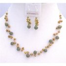 BRD846  Golden Freshwater Pearls Green Pearls Three Stranded Silk Thread Necklace Set Jewelry