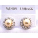 ERC512  Gold Swarovski Pearls Stud Post Earrings Surrounded w/ Cubic Zircon Pierced Earrings