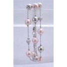 U192  Dainty Sleek Pink Pearls Fancy Beads Silver Bead Three Stranded Beautiful Pink Bracelet