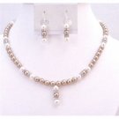 BRD909 Bronze Pearls White Pearls w/Sparkling Diamond As Spacer Necklace Set