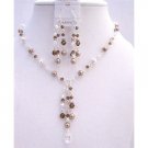 BRD957  Drop Down Bronze White Pearls Clear & Smoked Topaz Crystals Necklace Set