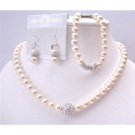 BRD943 Tiny Crust Simulated Diamond Ivory Pearls Necklace Earrings Bracelet Bridal Jewelry Set