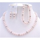 BRD934 Swarovski Rose Pearls Jewelry Set Gift Prom Flower Traditional Sleek Pink Pearls w/Bracelet