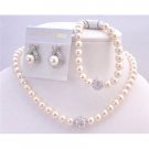 BRD898  Ivory Pearls Jewelry Complete Set w/Bracelet Sparkling Diamond Ball Beautiful Jewelry Set