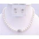 BRD955 White Pearls Bridal Jewelry Set 8mm Pearls w/Diamond Ball Pendant Paved Ball Earrings