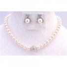 BRD899 Ivory Pearls Bridal Jewelry Set 8mm Pearls w/ Cubic Zircon Ball Pendant w/ Stud Earrings