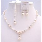 BRD900  Back Drop Down Necklace Set White Pearls & Ivory Pearls Back Drop String Necklace