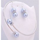 TB887  Blue Aquamarine Pearls Jewelry Bracelet & Earrings Set Cuff Adjustable Wrist Bracelet