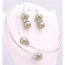 TB888 Olivine Swarovski Pearls Cuff Bracelet & Earrings W/Silver Diamond Spacer