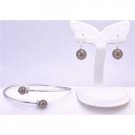 TB896 Dark Brown Pearls Cuff Silver Bracelet & Earrings Jewelry Set w/Diamond Spacer Silver Rondells
