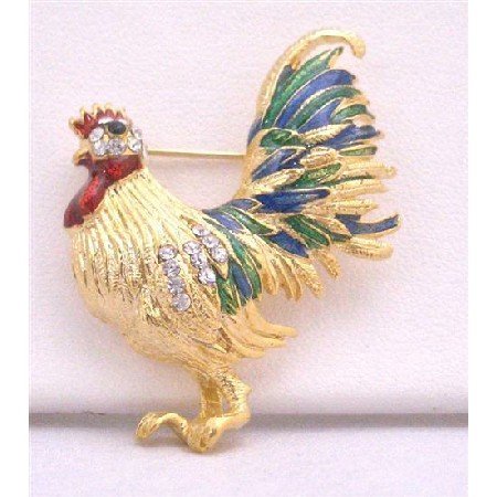 B370 Gold Plated Hen Spread In Beautiful Green Color On Feather Hen Brooch w/ Cubic Zircon Brooch
