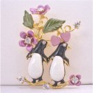B378  Twin Penguin Brooch Love Romantic Brooch Valentine Brooch Painted Decorated With Flower