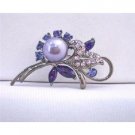 B381  Lavender Pearls Brooch Amethyst Rose Crystals Oxidized Metal Framed Cake Brooch