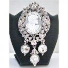 B374 Sliver Framed Brooch w/Simulated Diamond & Dangling Silver Lady Cameo Framed