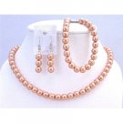 NS700 Light Orange Pearls Complete Set w/Bracelet Bridal Bridemaids Wedding Jewelry Set