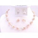 NS716 Peach Pearls Ivory Pearls Necklace Set Interwoven Necklace Set w/Dangling Earrings
