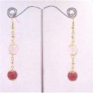 ERC585  Rose Quartz Stone Bead & Ruby Accented in 22k Gold Plated Chain Earrings