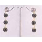 ERC586  Black Agate Stone Bead 22K Gold Plated Hook & Chain Diamante Post Earrings