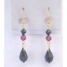 ERC590 Golden Hook Earrings Fuschia & Jet Crystals w/Jet Crystals Teardrop Earrings