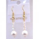 ERC599  Golden Hook Earrings With White Pearls & AB Crystals Bridemaids Flower Girls Jewelry