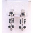 ERC557 Jet Crystals & Black Diamond Crystals Dangling 3 Stranded Sterling Silver Earrings