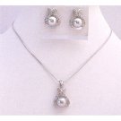 BRD974  Sleek Dainty Light Grey Pearls Diamate Pendant & Earrings Set Bridemaids Jewelry Set