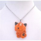 HH237 Orange Enamel Cat w/Fire Opal Crystals On Head & Body Cunning Cat Pendant Necklace