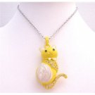 HH233 Yellow & White w/Diamante Spread On Body Decorated w/ Bow Long Tail Cat Pendant Necklace