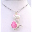 HH236 Sweet Pretty Cat Pendant Pink & White w/Sparkling Diamante ON Body & Tail