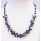 N799 Black Pearls Black White Nugget Chips Clear Glass Beads Necklace Under $10 Inexpensive Jewelry