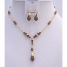 BRD806 Golden Necklace Set w/Swarovski Smoked Topaz Crystals & Smoked Topaz Teardrop Bridal Set