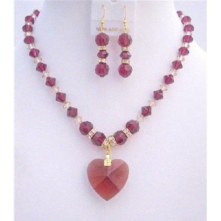 BRD805 Ruby Swarovski Crystals Necklace Set w/Golden Shaodow Swarovski ...