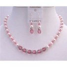 BRD802 Bridal Jewelry Set Rose Crystals Rose Pearls Genuine Swarovski Pearls Crystals Necklace Set