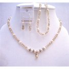 BRD801 Bridal Jewelry Set w/ Ivory Pearls & Silver Rodells Spacer Necklace Set