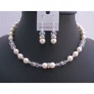 BRD738  Bridal Jewelry Set Ivory Pearls Clear Crystals w/ Silver Rondells Handmade Necklace Set