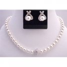 BRD729  White Pearls Bridal Jewelry Set 8mm Pearls w/ Cubic Zircon Ball Pendant w/ Stud Earrings